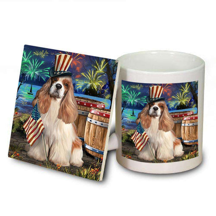 4th of July Independence Day Fireworks Cocker Spaniel Dog at the Lake Mug and Coaster Set MUC51125