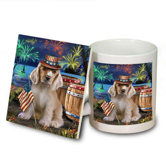 4th of July Independence Day Fireworks Cocker Spaniel Dog at the Lake Mug and Coaster Set MUC51128
