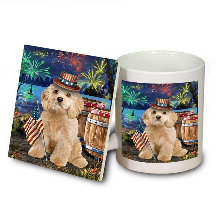 4th of July Independence Day Fireworks Cocker Spaniel Dog at the Lake Mug and Coaster Set MUC51129
