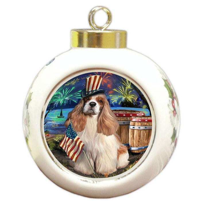 4th of July Independence Day Fireworks Cocker Spaniel Dog at the Lake Round Ball Christmas Ornament RBPOR51133
