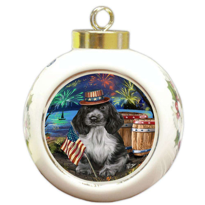 4th of July Independence Day Fireworks Cocker Spaniel Dog at the Lake Round Ball Christmas Ornament RBPOR51134