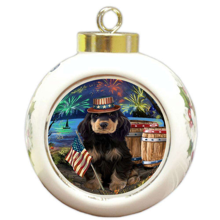 4th of July Independence Day Fireworks Cocker Spaniel Dog at the Lake Round Ball Christmas Ornament RBPOR51135