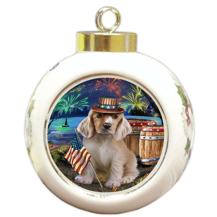 4th of July Independence Day Fireworks Cocker Spaniel Dog at the Lake Round Ball Christmas Ornament RBPOR51136