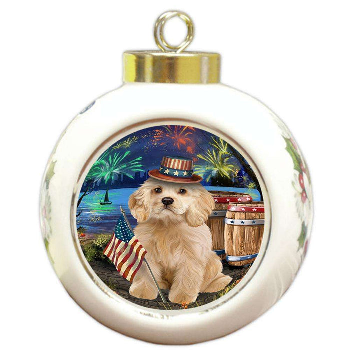 4th of July Independence Day Fireworks Cocker Spaniel Dog at the Lake Round Ball Christmas Ornament RBPOR51137