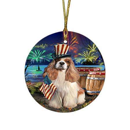 4th of July Independence Day Fireworks Cocker Spaniel Dog at the Lake Round Flat Christmas Ornament RFPOR51124