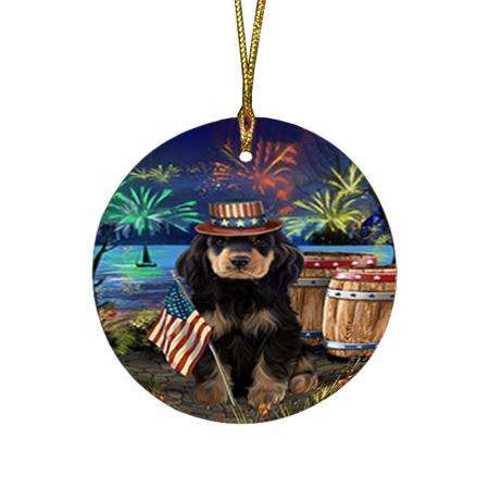 4th of July Independence Day Fireworks Cocker Spaniel Dog at the Lake Round Flat Christmas Ornament RFPOR51126
