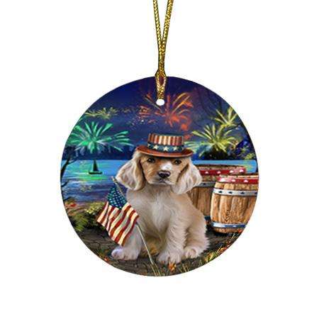4th of July Independence Day Fireworks Cocker Spaniel Dog at the Lake Round Flat Christmas Ornament RFPOR51127