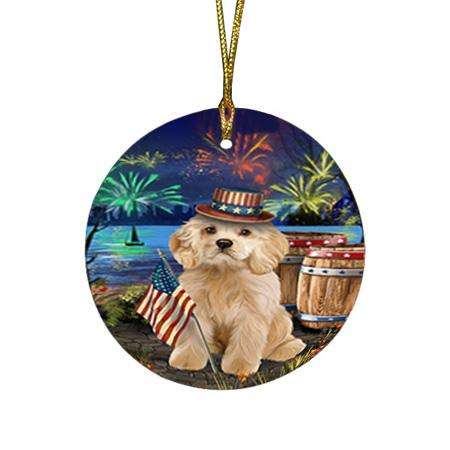4th of July Independence Day Fireworks Cocker Spaniel Dog at the Lake Round Flat Christmas Ornament RFPOR51128