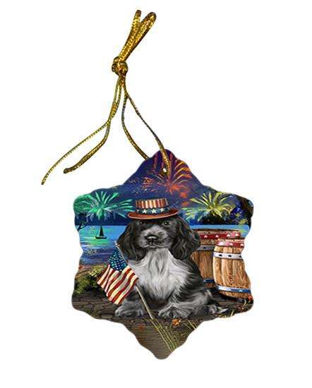 4th of July Independence Day Fireworks Cocker Spaniel Dog at the Lake Star Porcelain Ornament SPOR51126