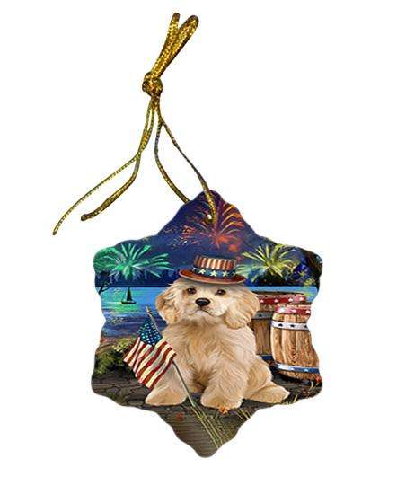 4th of July Independence Day Fireworks Cocker Spaniel Dog at the Lake Star Porcelain Ornament SPOR51129