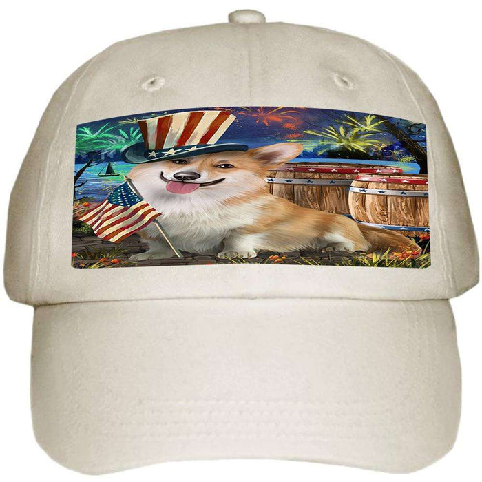 4th of July Independence Day Fireworks Corgi Dog at the Lake Ball Hat Cap HAT57147