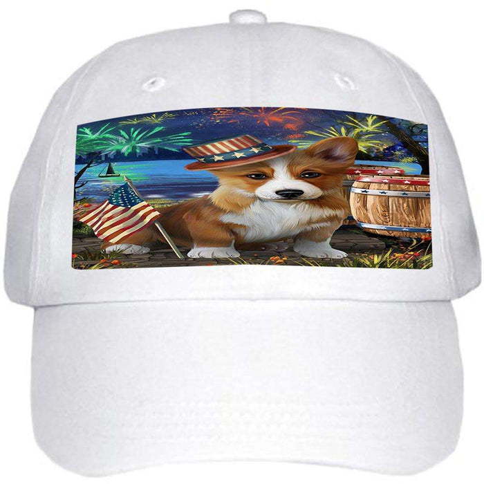 4th of July Independence Day Fireworks Corgi Dog at the Lake Ball Hat Cap HAT57150