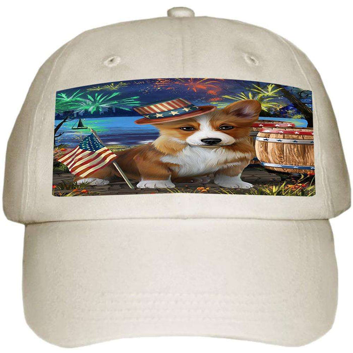 4th of July Independence Day Fireworks Corgi Dog at the Lake Ball Hat Cap HAT57150