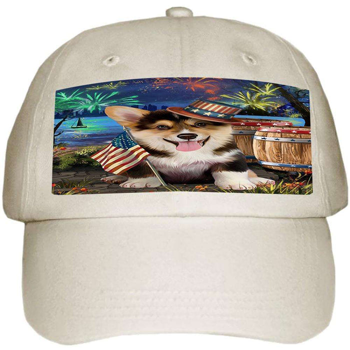 4th of July Independence Day Fireworks Corgi Dog at the Lake Ball Hat Cap HAT57153
