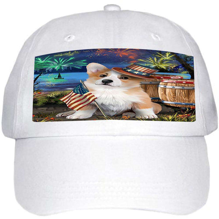 4th of July Independence Day Fireworks Corgi Dog at the Lake Ball Hat Cap HAT57156