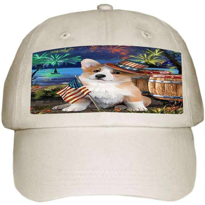 4th of July Independence Day Fireworks Corgi Dog at the Lake Ball Hat Cap HAT57156