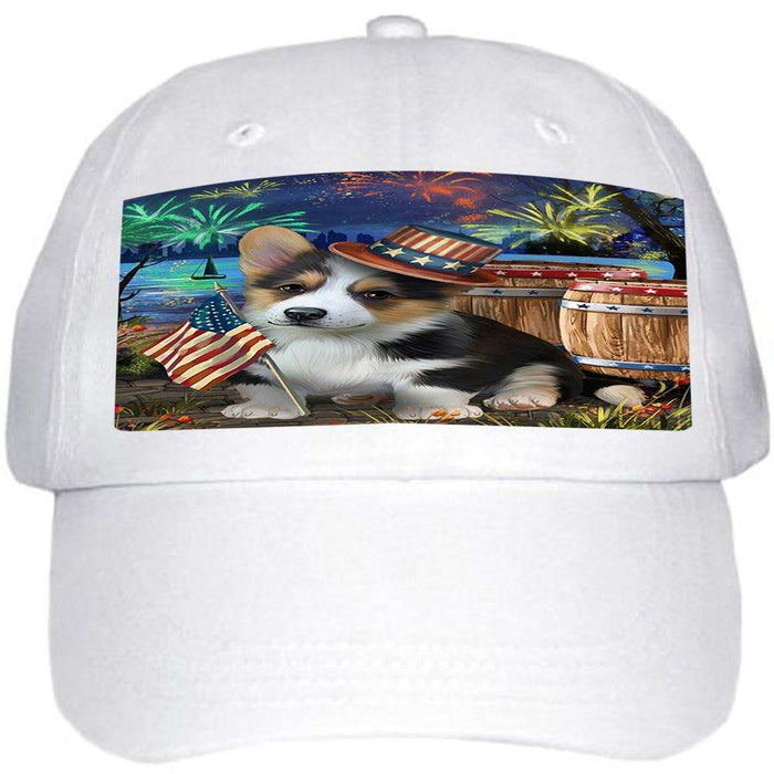 4th of July Independence Day Fireworks Corgi Dog at the Lake Ball Hat Cap HAT57159