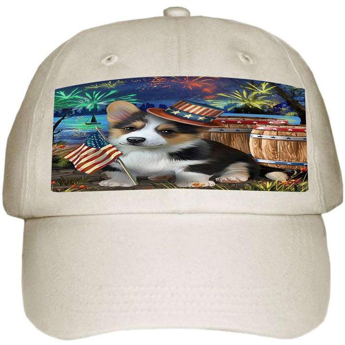4th of July Independence Day Fireworks Corgi Dog at the Lake Ball Hat Cap HAT57159