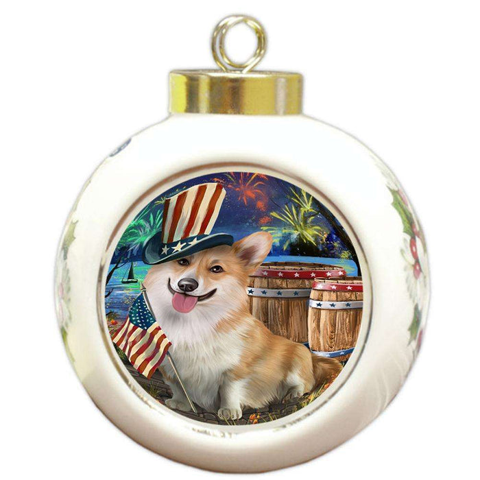 4th of July Independence Day Fireworks Corgi Dog at the Lake Round Ball Christmas Ornament RBPOR51138