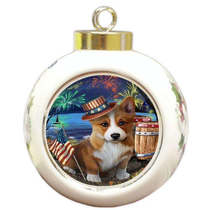 4th of July Independence Day Fireworks Corgi Dog at the Lake Round Ball Christmas Ornament RBPOR51139