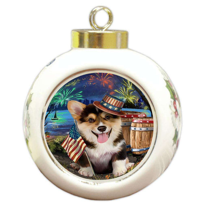 4th of July Independence Day Fireworks Corgi Dog at the Lake Round Ball Christmas Ornament RBPOR51140