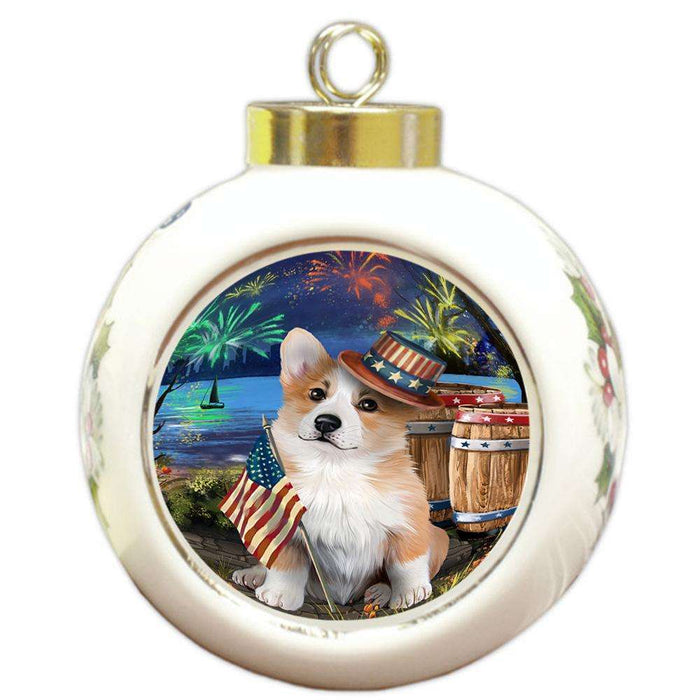 4th of July Independence Day Fireworks Corgi Dog at the Lake Round Ball Christmas Ornament RBPOR51141