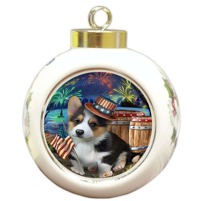4th of July Independence Day Fireworks Corgi Dog at the Lake Round Ball Christmas Ornament RBPOR51142