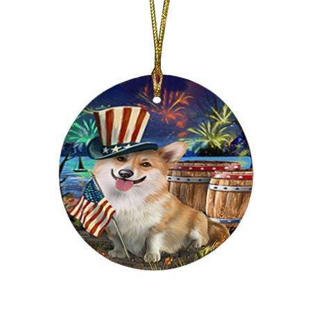 4th of July Independence Day Fireworks Corgi Dog at the Lake Round Flat Christmas Ornament RFPOR51129
