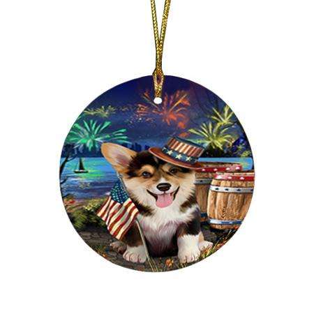 4th of July Independence Day Fireworks Corgi Dog at the Lake Round Flat Christmas Ornament RFPOR51131