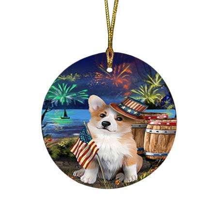 4th of July Independence Day Fireworks Corgi Dog at the Lake Round Flat Christmas Ornament RFPOR51132