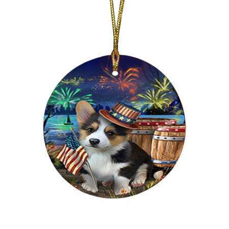 4th of July Independence Day Fireworks Corgi Dog at the Lake Round Flat Christmas Ornament RFPOR51133