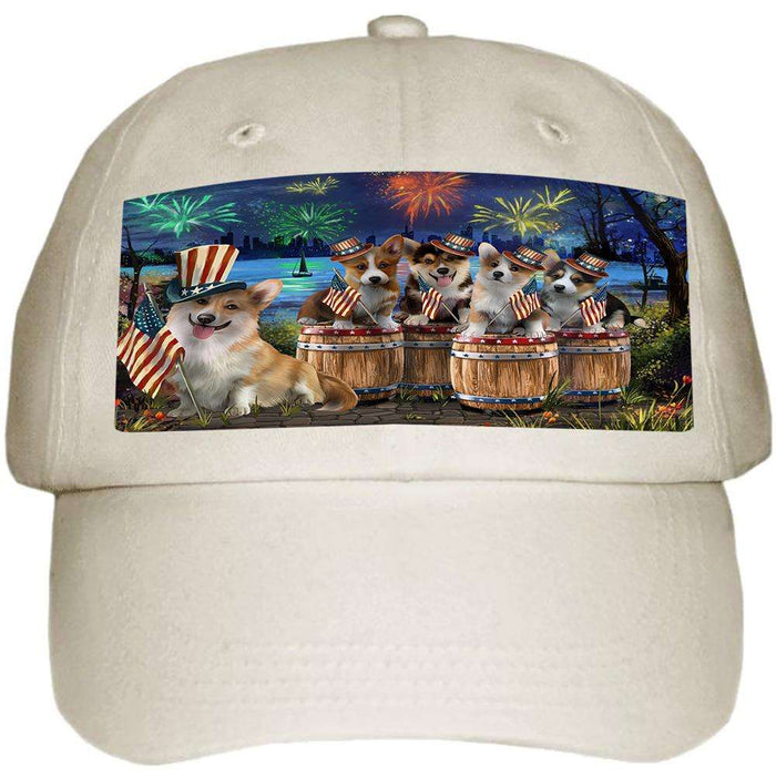 4th of July Independence Day Fireworks Corgis at the Lake Ball Hat Cap HAT56823