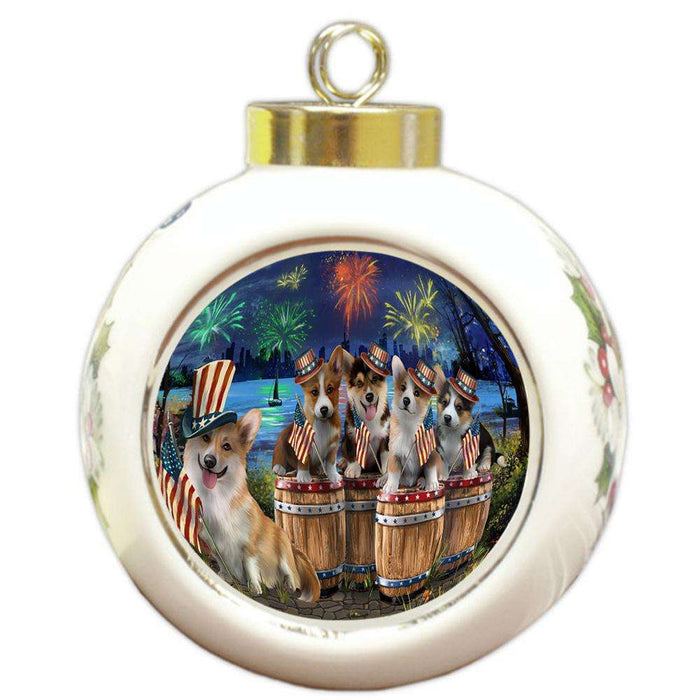 4th of July Independence Day Fireworks Corgis at the Lake Round Ball Christmas Ornament RBPOR51030