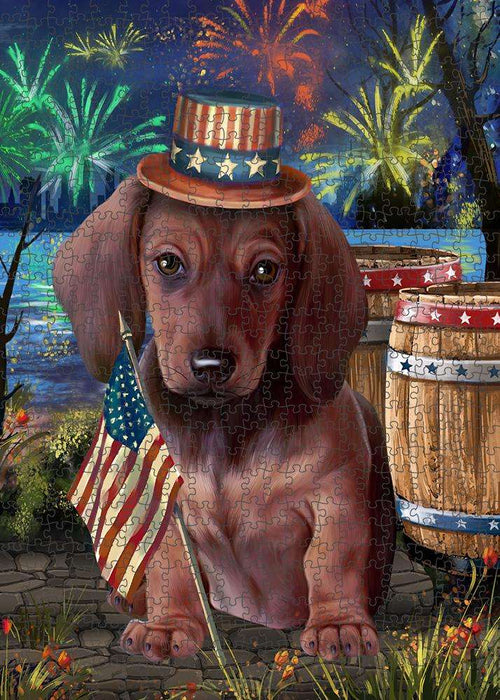 4th of July Independence Day Fireworks Dachshund Dog at the Lake Puzzle with Photo Tin PUZL56748