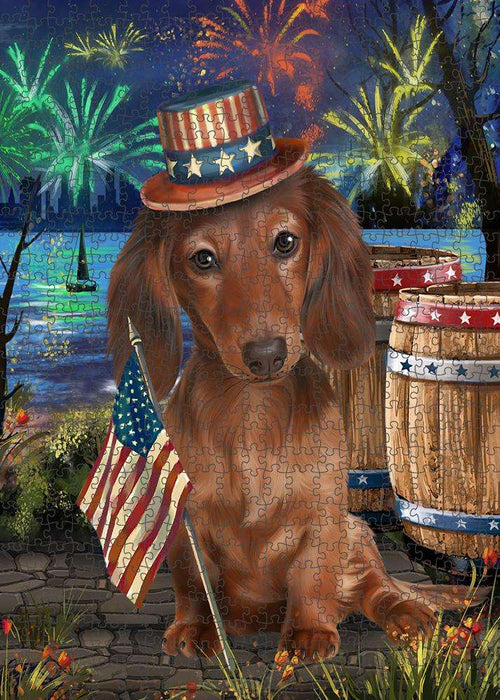 4th of July Independence Day Fireworks Dachshund Dog at the Lake Puzzle with Photo Tin PUZL56751