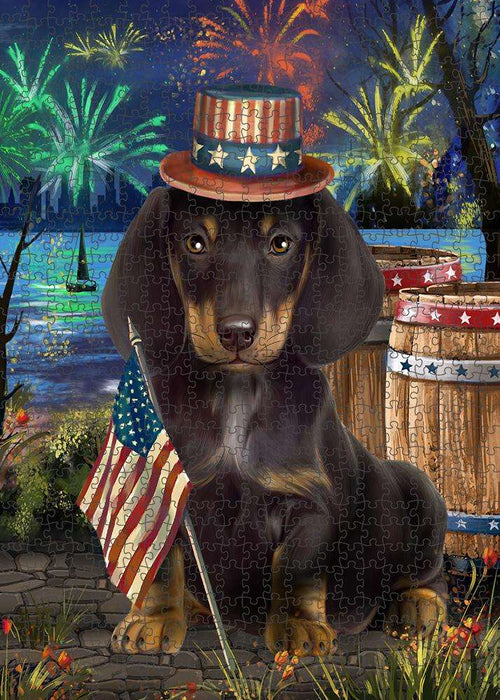 4th of July Independence Day Fireworks Dachshund Dog at the Lake Puzzle with Photo Tin PUZL56754