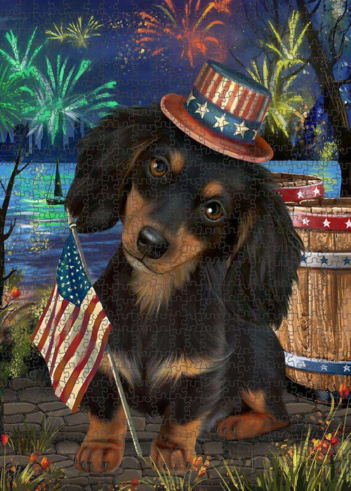 4th of July Independence Day Fireworks Dachshund Dog at the Lake Puzzle with Photo Tin PUZL56757