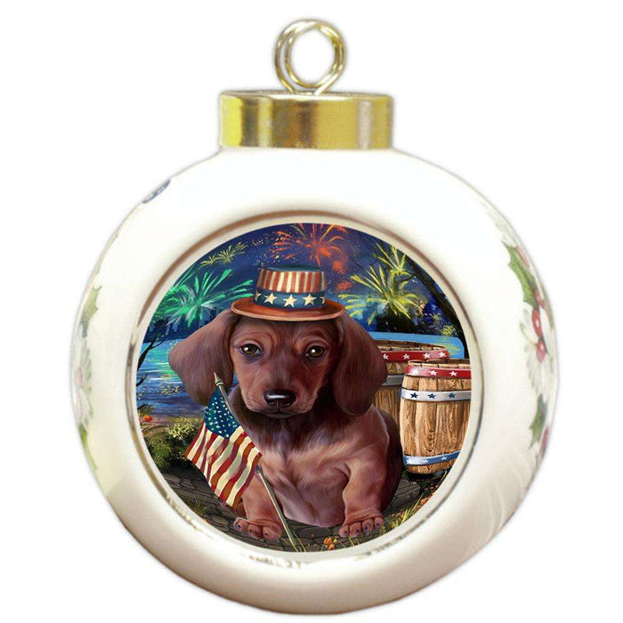 4th of July Independence Day Fireworks Dachshund Dog at the Lake Round Ball Christmas Ornament RBPOR50962