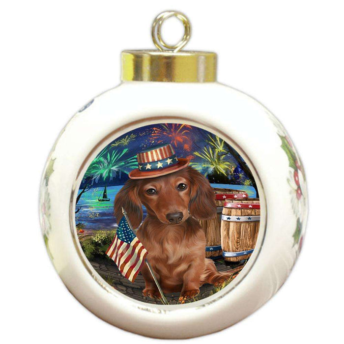 4th of July Independence Day Fireworks Dachshund Dog at the Lake Round Ball Christmas Ornament RBPOR50963