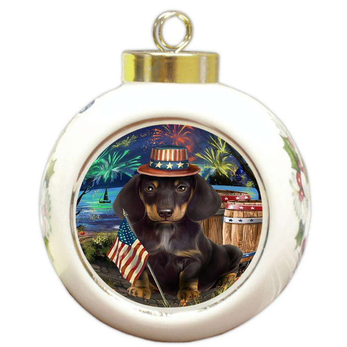 4th of July Independence Day Fireworks Dachshund Dog at the Lake Round Ball Christmas Ornament RBPOR50964