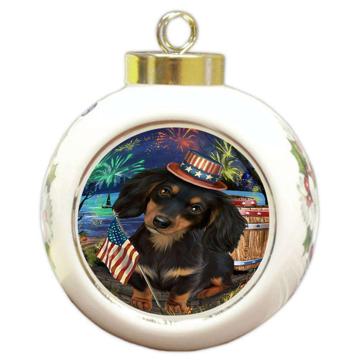 4th of July Independence Day Fireworks Dachshund Dog at the Lake Round Ball Christmas Ornament RBPOR50965