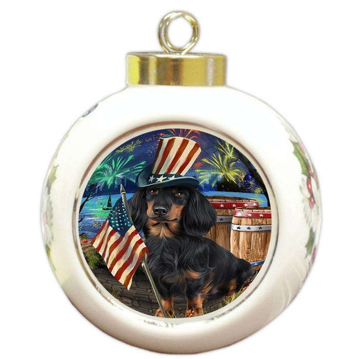 4th of July Independence Day Fireworks Dachshund Dog at the Lake Round Ball Christmas Ornament RBPOR50966
