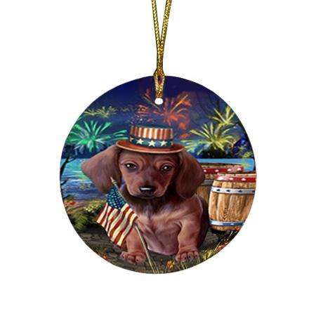 4th of July Independence Day Fireworks Dachshund Dog at the Lake Round Flat Christmas Ornament RFPOR50953