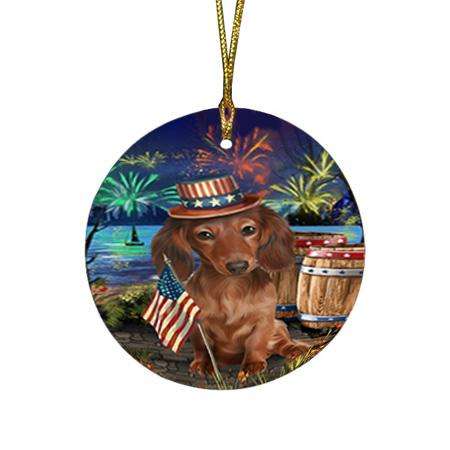 4th of July Independence Day Fireworks Dachshund Dog at the Lake Round Flat Christmas Ornament RFPOR50954
