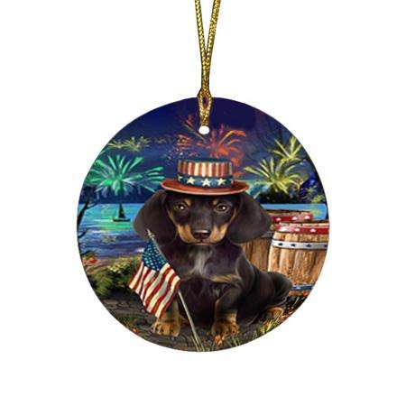 4th of July Independence Day Fireworks Dachshund Dog at the Lake Round Flat Christmas Ornament RFPOR50955