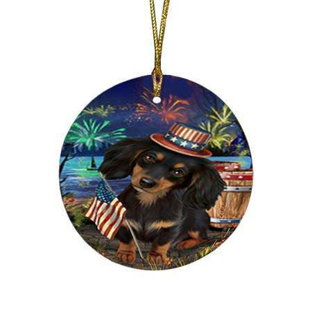 4th of July Independence Day Fireworks Dachshund Dog at the Lake Round Flat Christmas Ornament RFPOR50956