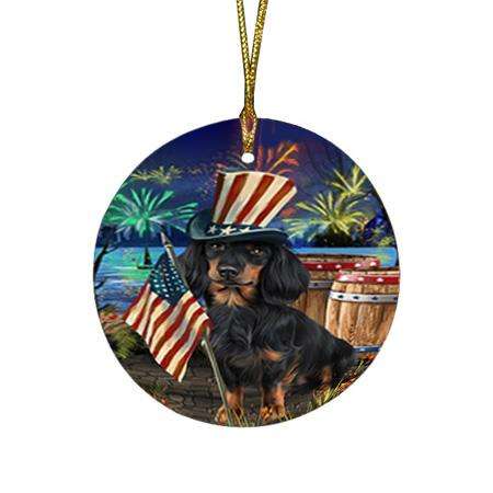 4th of July Independence Day Fireworks Dachshund Dog at the Lake Round Flat Christmas Ornament RFPOR50957