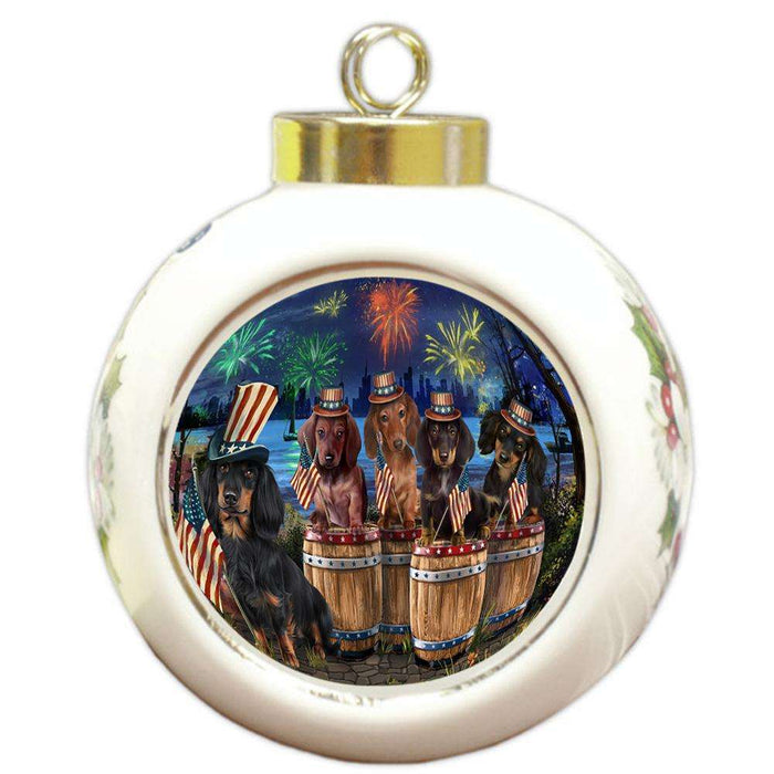 4th of July Independence Day Fireworks Dachshunds at the Lake Round Ball Christmas Ornament RBPOR51031