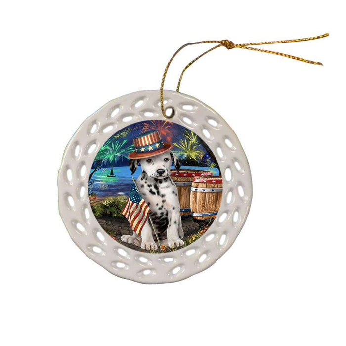 4th of July Independence Day Fireworks Dalmatian Dog at the Lake Ceramic Doily Ornament DPOR51144