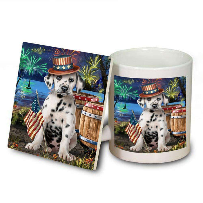 4th of July Independence Day Fireworks Dalmatian Dog at the Lake Mug and Coaster Set MUC50962